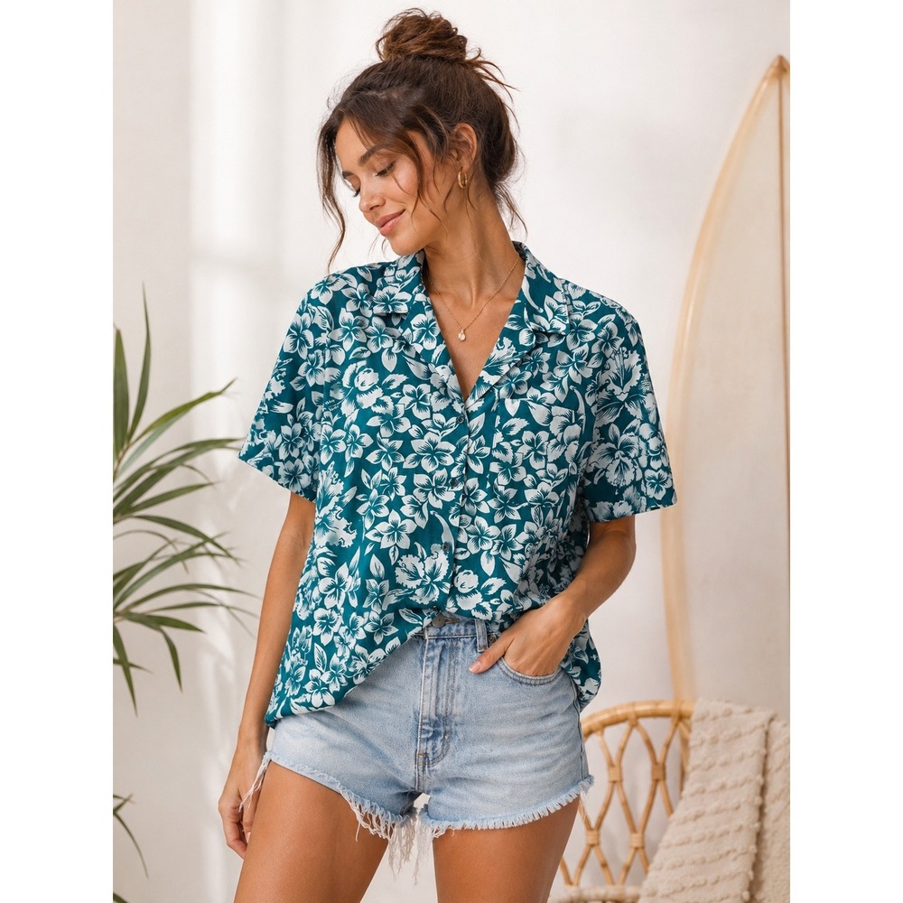 Vintage Cheryl Tiegs Turquoise White Tropical Floral Blouse‎ Made USA Sz 14 M/L